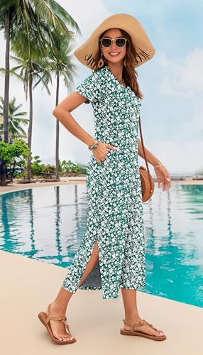 Image of MISFAY Womens Maxi Dress Short Sleeve V Neck Loose with Pockets | Soft stretchy breathable, v neck loose fit, side split hem, two side pockets, casual daily beach vacation travel dress
