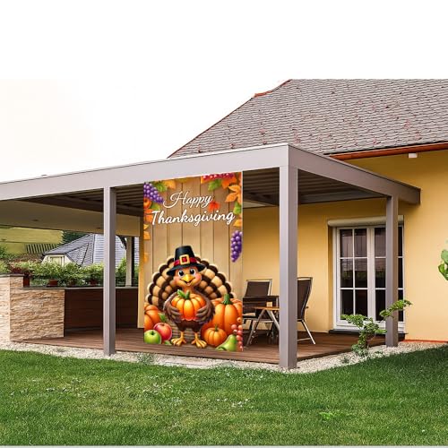 Image of Thanksgiving Turkey Pilgrim Pumpkin Door Cover 35x70in Fall Xmas