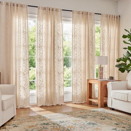 Image of jinchan Beige Floral Linen Curtains for Living Room 84 inch Back Tab 2 Panels