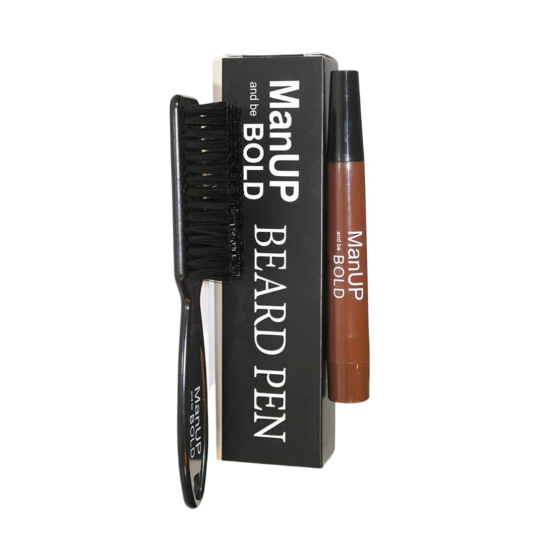 BOLD ManUP Beard Pen Filler - Long Lasting Coverage, Waterproof & Natural Finish - Beard & Moustache - Micro-Fork Tip for Easy Application - Bristle Brush Included (Dark Brown)