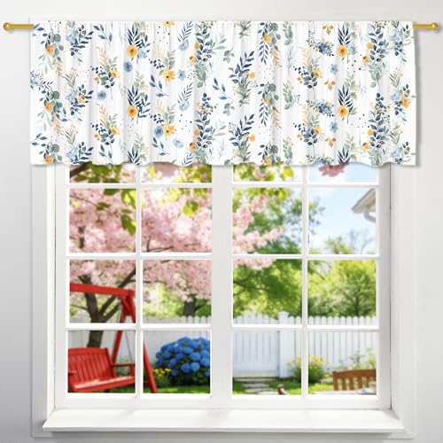 FUTBU Spring Valance for Windows, Spring Floral Kitchen Decor Valance Curtain Rod Pocket Classic Country Farmhouse Decorations 18x54 Inch Window Treatment for Bathroom Living Room, Yellow and Blue