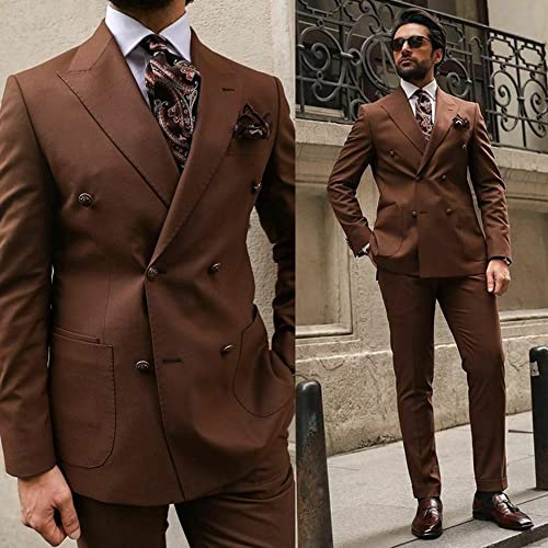 Men's Two Pieces Business Suit Set, Double Breasted Buttons Peak Lapel Jacket Pants Tuxedos Wedding Casual Party2