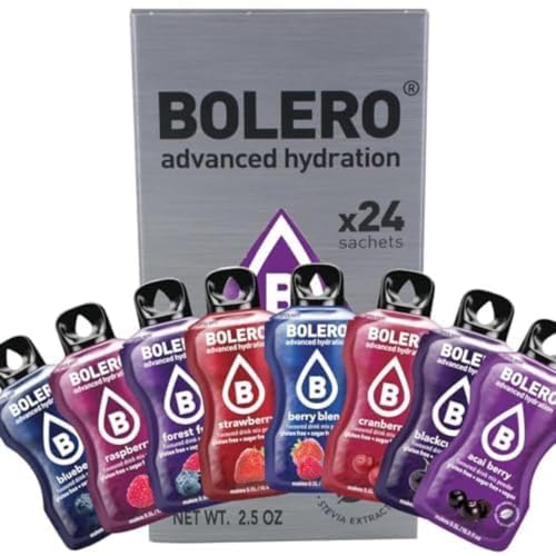 Bolero BERRY MIX 24x3g | Polvo de jugo sin azúcar, endulzado con estevia + vitamina C | Adecuado para niños, deportistas y diabéticos | Sin gluten y apto para veganos | Mezcla de bayas