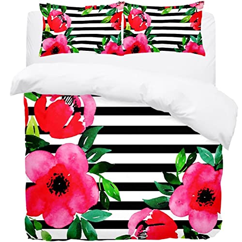 Parure de lit housse de couette fleurie et rayée pour lit double, Queen et King size - 2