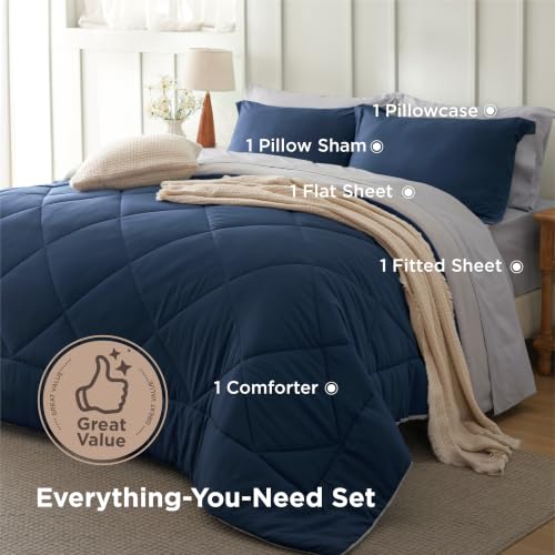 Image of Bedsure Twin Comforter Set - 5 Pieces Reversible Navy Bedding, Twin Size Bed Set for All Seasons, Bed in a Bag with Down Alternative Comforter, Sheets, Pillowcase & Sham