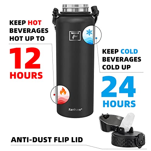 Fanhaw Insulated Water Bottle With Straw - 40 Oz Stainless Steel Double-Wall Vacuum Leak & Sweat Proof Dishwasher Safe Wide Mouth Sports Water Bottle With Anti-Dust Flip Lid (Black) #TOP2
