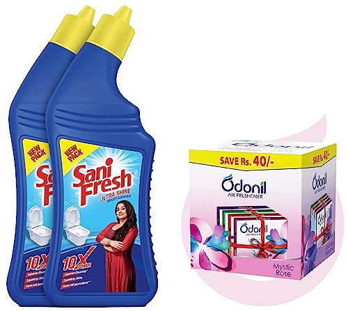 Image of Sanifresh Toilet Cleaner, 1L (pack of 2) Odonil Bathroom Air Freshener Blocks Mixed Fragrances - 192g (48g*4) | Mixed Fragrances: Jamine, Lavender, Orchid, Rose