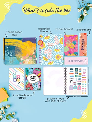 Image of Doodle I The Happiness 2024 Planner I Undated B5 Planner + 4 Sticker Sheets + 64 Pages Pocket Planner with Premium Gift Box | Tear Away Note Cards & Quote Cards | Activity Pages | To do lists I 268 Pages I 80 GSM I Wiro Bound I (Happy Notes)