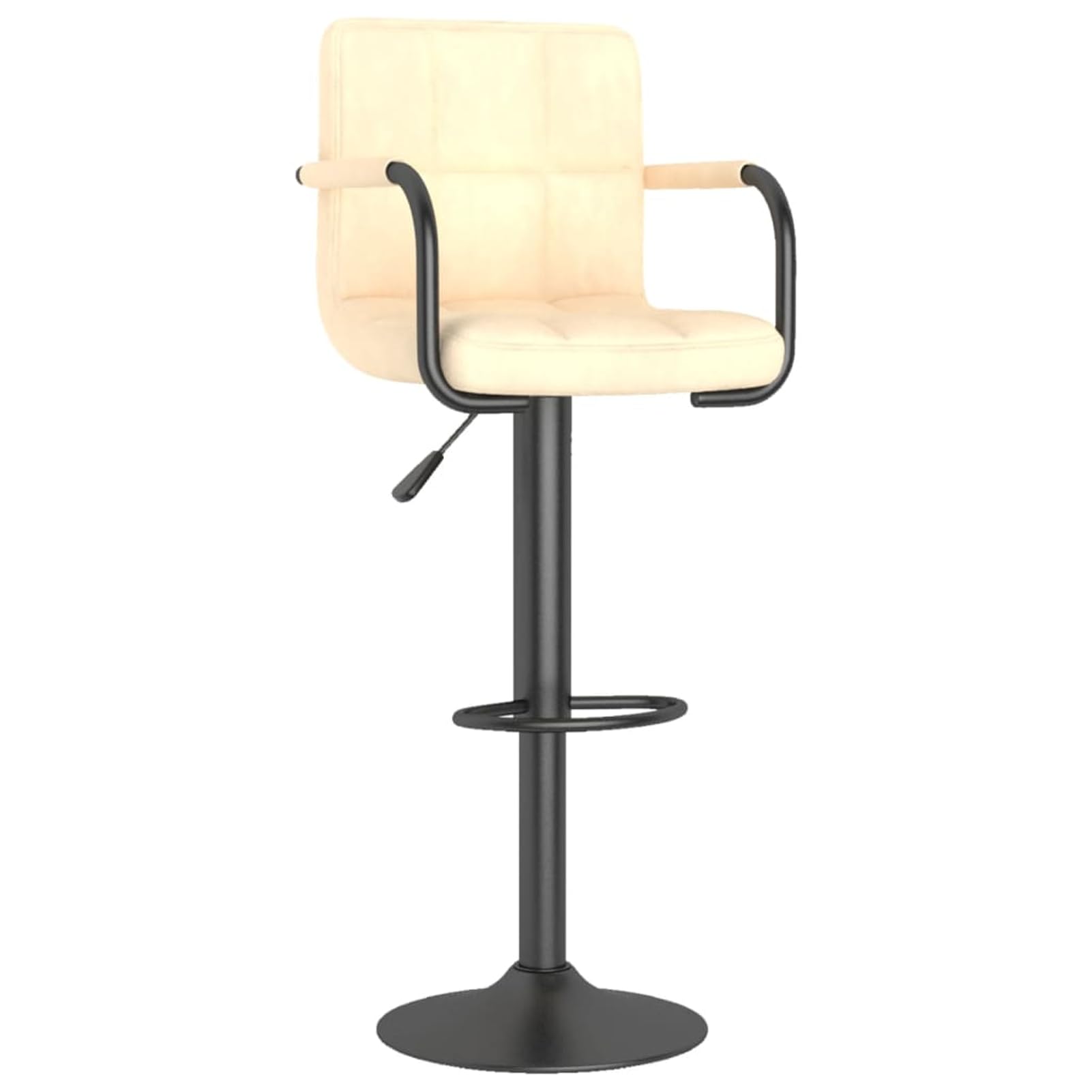 Taburete de bar de terciopelo crema con resorte de gas, altura regulable (90 – 111 cm), giratorio 360°, reposapiés, reposabrazos, marco de acero pulverizado, para bar y comedor