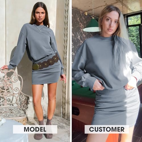 EXLURA Womens Fall Two Piece Skirt Sets Long Sleeve Mock Neck Sweatshirt Skort Matching Set Casual Lounge Tennis Outfits 20252