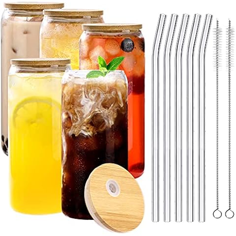 Moretoes 5 Stück 590 ml Bierdosengläser mit Bambusdeckel und Glasstrohhalm, wiederverwendbare Trinkgläser für Zuhause, Reisen, Büro, Kaffee, Tee, Boba, Saft, Eis Cover