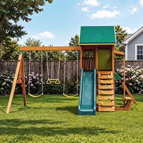 Solid Wood Outdoor Playground Swing Set with Slide, Monkey Bars & Side Activity Table for Backyard