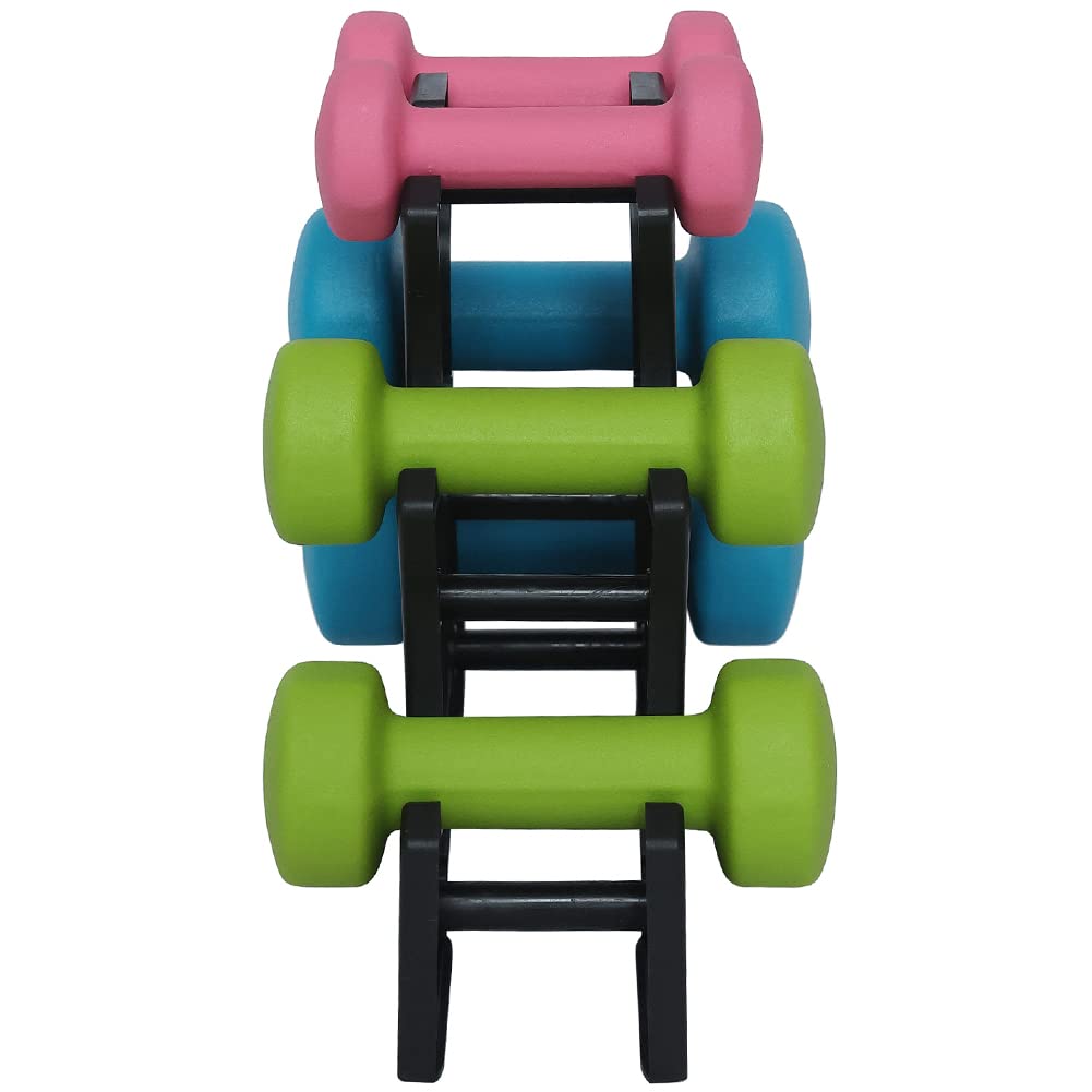 BAKAJI Set mit 6 Hanteln für das Fitnessstudio mit Ständer (2 x 1 kg + 2 x 2 kg + 2 x 3 kg), Fitnessgewichte mit Schaumstoffbeschichtung, ergonomisch, rostfrei, rutschfest, körperliche Rehabilitation,