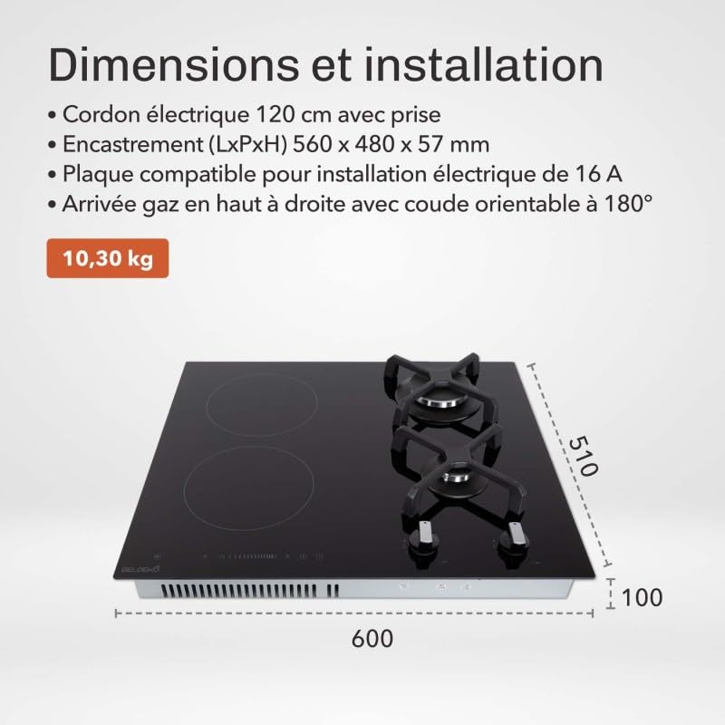 BELDEKO Plaque Mixte 2 Gaz + 2 Induction 6900W - Marque Française