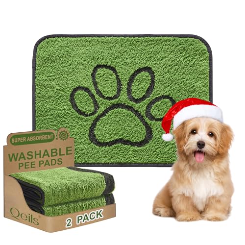 Qeils Reusable Dog Pee Pads, 2 Pack Super Absorbent & Leakproof Washable Puppy Pads with Soft Green Top Layer, for Potty Training, Crates, Couch, Car Seats & Pet Beds, 18'x24'