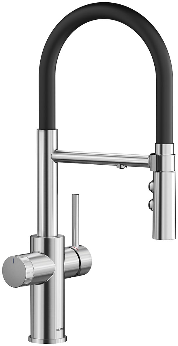 BLANCO CATRIS-S Flexo Filtre | Robinet de cuisine en acier inoxydable | Haute pression | Eau filtrée avec le filtre BWT | Changement du jet clair au jet de douche | Qualité de l'eau sûre et économie