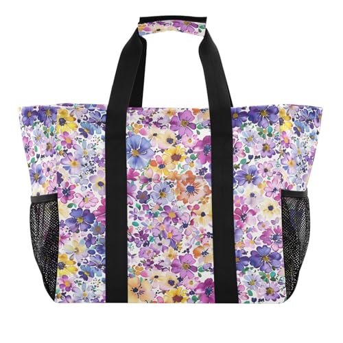 Nander Beautiful Colorful Flowers Foldable Tote Bag Waterproof Sandproof Women Beach Bag Handbag Gym Bag Travel Shopping Bag