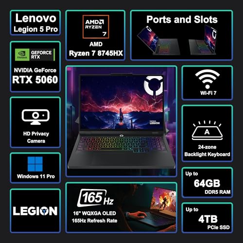 Image of Lenovo Legion 5 Pro Gaming AI Laptop 16 inch WQXGA 2560x1600 OLED 165Hz 1100nits HDR Peak AMD 8-core Ryzen 7 8745HX 32GB RAM 1TB SSD GeForce RTX 5060 (Up to 572 AI Tops) RGB Backlit Win11Pro ICP Hub