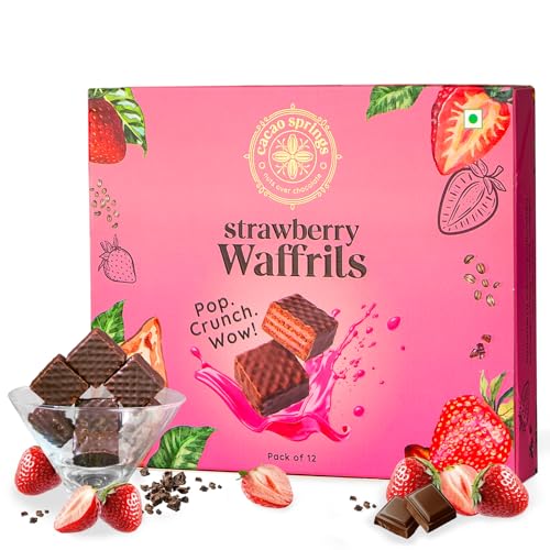 Image of Cacao Springs Premium Strawberry Waffrils Gift Box, Premium Choco & Nut Delicacy Waffle Chips, Great for Snacking, Premium Gift Hamper for Christmas Gifts, 12 Pieces in Each Box, 1 Box, 120gm