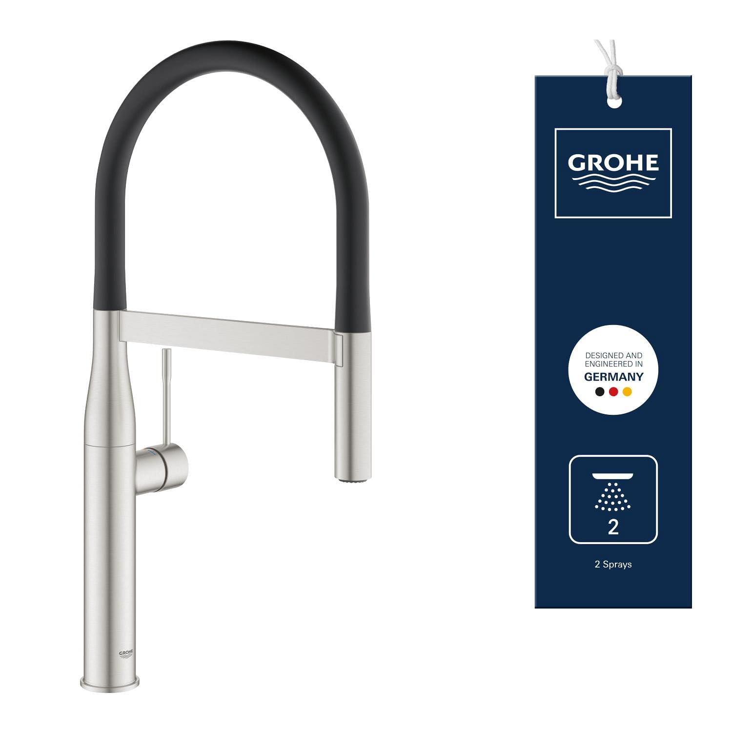 Grohe Men's Supersteel Essence Professional Kitchen Tap (360° Swivel High Spout, Magnetic Docking, 2 Spray Laminar And Jet, 28 Mm Ceramic Cartridge, 3/8 Inch Tails), 30294Dc0