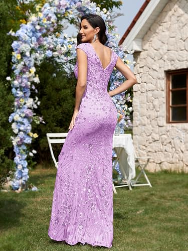 Image of Womens Sequined Long Evening Gown Glamous Sleeveless V-Neck Mermaid Prom Dress for Wedding Party Club Occasions