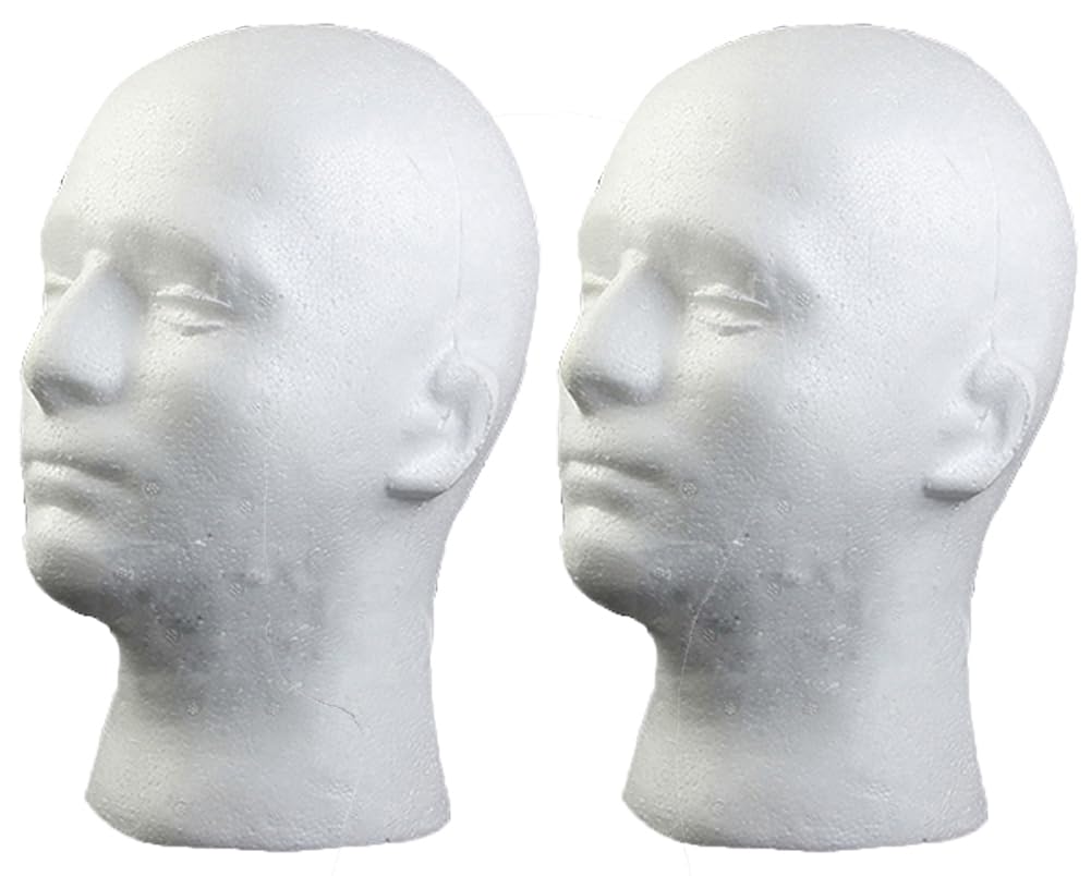 Testa di manichino maschile in polistirolo espanso, per esporre parrucche, cappelli, cuffie, occhiali da sole (2 pezzi)