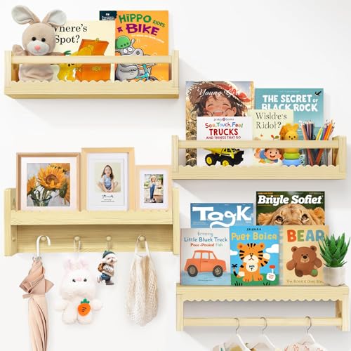 Image of Idefair 16.5 Inch Floating Nursery Book Shelves Set of 4, Kid's Bookshelf for Wall, Natural Wood Toddler Room Decor and Storage Hanging Organizer
