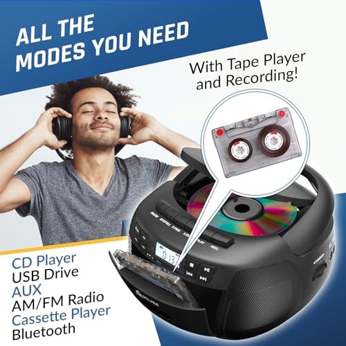 Image of KLIM CD + Cassette Tape Player, Bluetooth CD Boombox, AM /FM Radio, Stereo Sound, Remote, CD and Cassette Player Combo, Tape Recording, USB Drive, AUX