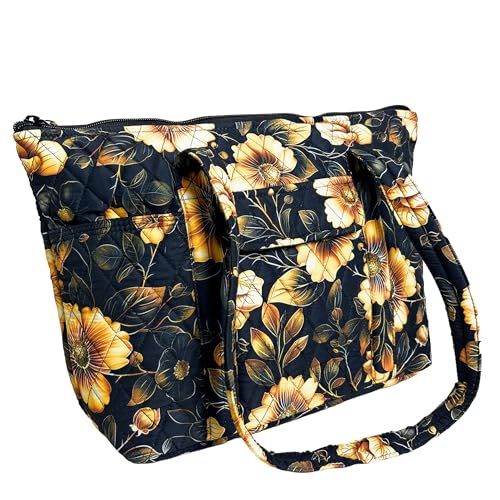 Image of Quilted Small Tote Bag for Women, Lightweight Fabric Handbag with Multiple Pockets, Quilted Purse