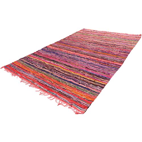MAM Treasures Chindi Tapis décoratif d'intérieur indien bohème en coton coloré pour salon, salle de bain (rouge, 61 x 91 cm)