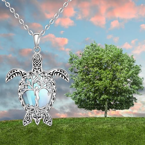 Fenthring Turtle Necklace for Women Moonstone Tree of Life Sea Turtle Necklace Mom Turtles Pendant Jewelry Sterling Silver Birthday Mothers Day Gifts4