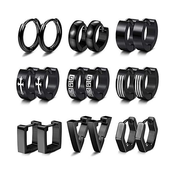 Thunaraz Stainless Steel Black Hoop Earrings for Men Women Huggie Triangle Square Round Geometric Stud Earrings Set