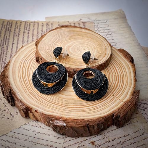 Image of Raffia Hoop Earrings for Women - Boho Straw Wiker Dangle Drop Earrings for Summer Beach, Bohemian Trendy Rattan Jewelry
