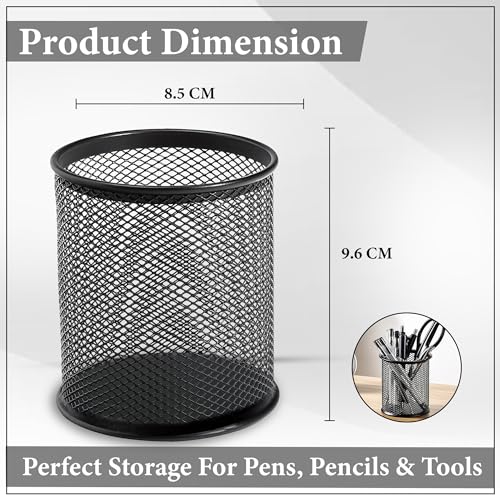 Image of GLUN Round Black Mesh Metal Desk Pen Stands 10 Piece, Pencil and Other Stationery Organiser Holder, Use at Office, School and Home