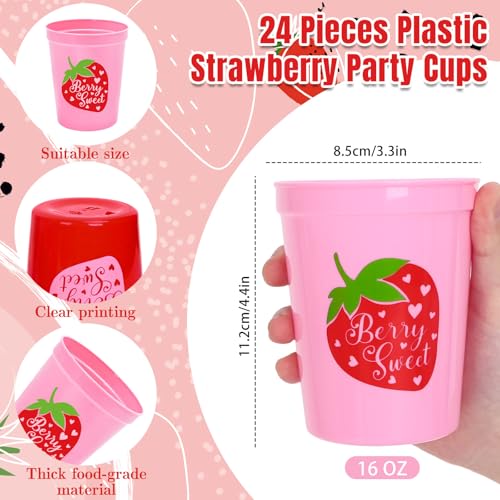 JarThenaAMCS 24Pcs Strawberry Plastic Cups Red Pink Berry Sweet Reusable Cups Fruit Theme Party Drinkware Supplies for Birthday Holiday Baby Shower, 16 Oz