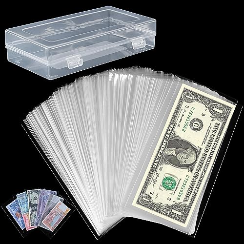 200 PCS Currency Sleeves - Clear Dollar Holder with Storage Box Banknote Protector for Paper Money Bills Stamps Collection Supplies