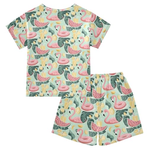 Flamingo Watermelon Lemon Pajama Set, Short Sleeve Cotton Sleepwear Nightwear2