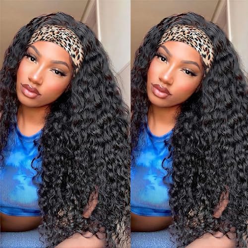 Image of Deep Wave Headband Wig Human Hair Curly Headband Wig Human Hair 150% Density Glueless None Lace Front Wig Brazilian Virgin Headband Half Wigs for Black Women Natural Color 16Inch