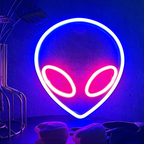Image of Alien Neon Sign Blue and Pink Alien Light, Alien LED Sign Alien Head Lamp Gifts USB /Battery Powered Neon Sign for Man Cave Game Room Teen Bedroom, Party Decorations for Halloween, Christmas