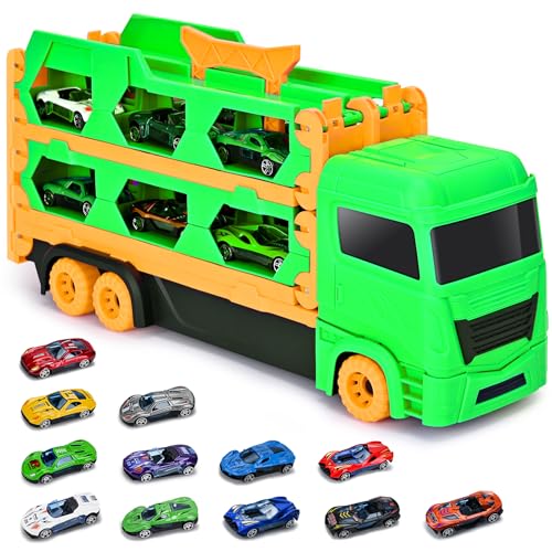 Xoolkly Camiones de Juguete Eyección Pista de Carreras Camión Juguetes Portátil Camión de Transporte Juguetes Niños 3 Años con 12 Mini Vehículos Coches Juguete para Niños 3 4 5 Años, Verde