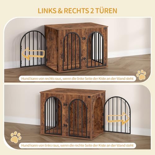 Hzuaneri Hundekäfig Möbel, 80cm Hundebox für Zuhause, 3 Türen, Bogentür, Moderne Hundebox Indoor für Hunde, Beistelltisch, Hundekäfig Hochbelastbar, 80 x 56 x 61 cm, Vintagebraun DFC85101B