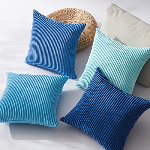 Image of Topfinel Euro Shams Decorative Throw Pillow Covers 26x26 Inch Set of 4,Soft Accent Corduroy Striped Blue Gradient Color Large Cushion Cover for Beach,Patio,Balcony,Living Room,Summer Home Decor