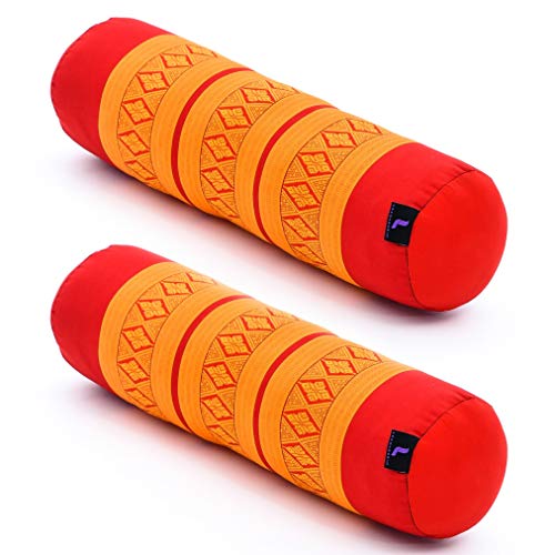 Leewadee Small Yoga Bolster Set of 2 Pilates Supportive Roll Cushion Neck Pillow Eco-Friendly Organic and Natural, 55x15x15 cm, Kapok, orange red