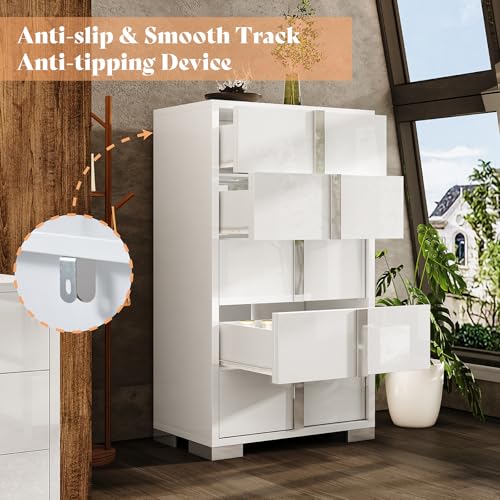 Image of AMERLIFE 50.2 inch H Modern 5 Drawer Dresser, Glossy Surface Chest of Drawers, Large Storage Organizer for Bedroom, Living Room, Cloakroom, Luxury, White