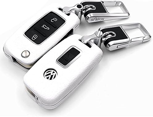Saibon WHITE Protective Genuine Leather Top Layer Hard Back Folding Key Remote Entry Fob Case Keychain for Volkswagen 2/3 Button