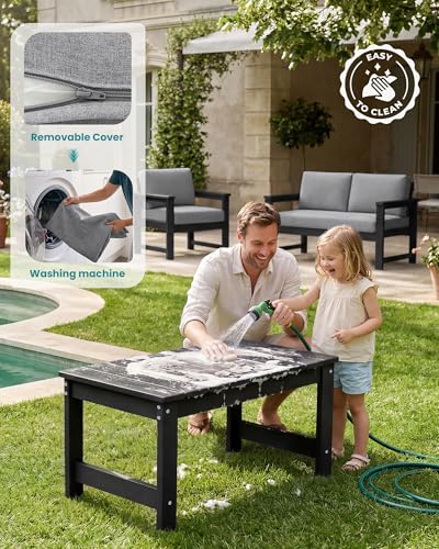 Image of SERWALL HDPE Outdoor Loveseat with Cushion, Outdoor Sectional Furniture Set | All Weather Use Patio Couch Sofa，Black Frame with Grey Cushions