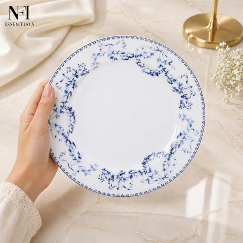 Image of NFI essentials 8 inch Ceramic Quarter Plate with Elegant Blue Floral Design, Premium Serving Plate for Snacks, Desserts, Breakfast & Appetizers, Microwave & Dishwasher Safe