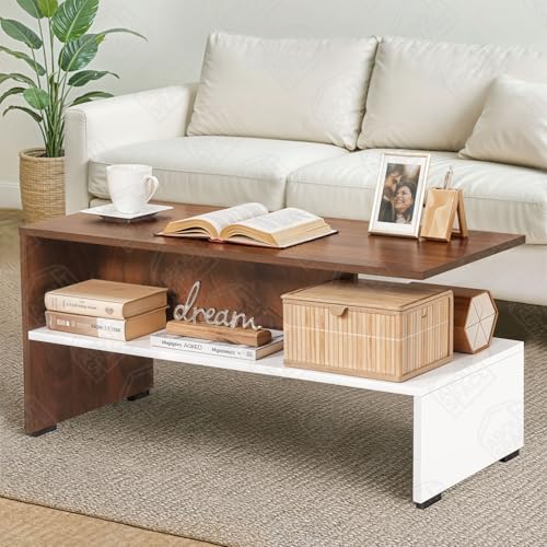 Image of ABOUT SPACE Coffee Table - Portable Wooden Centre Table with Open Partition Storage - DIY Furniture - Sofa Tea Poyee for Living Room, Home, Office (White & Walnut - L 90 x B 40 x H 43 cm)