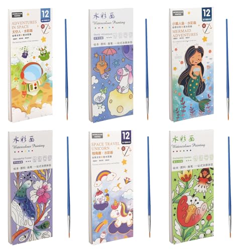 HENGBIRD Libro para colorear de acuarela de 6 piezas para niños, acuarelas niños de 72 páginas, libro para colorear de acuarela con cepillo para tanque de agua, pintar con agua