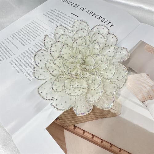 Image of Rhinestone Camellia Flower Big Brooch Lapel Pins for Women Fashion Crystal Fabric Floral Brooches Pin for Dresses Suit Accessories Jewelry Boutonniere Corsage Wedding Party 140mm